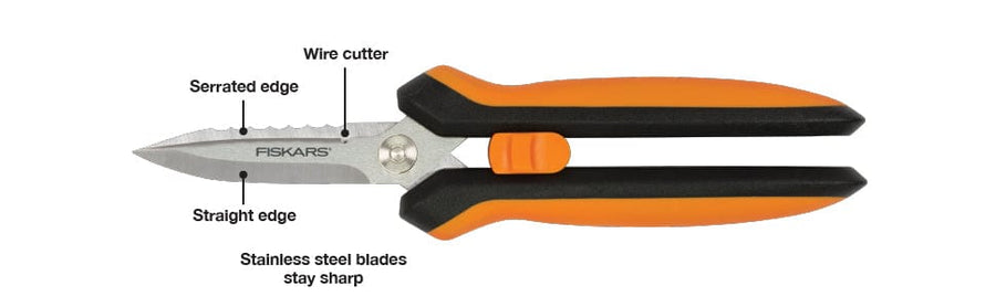The FIS Fiskars Multipurpose Garden Snips feature an orange and black design, wire cutter, serrated and straight edges, plus durable stainless steel blades that stay sharp—an essential tool for every gardener.