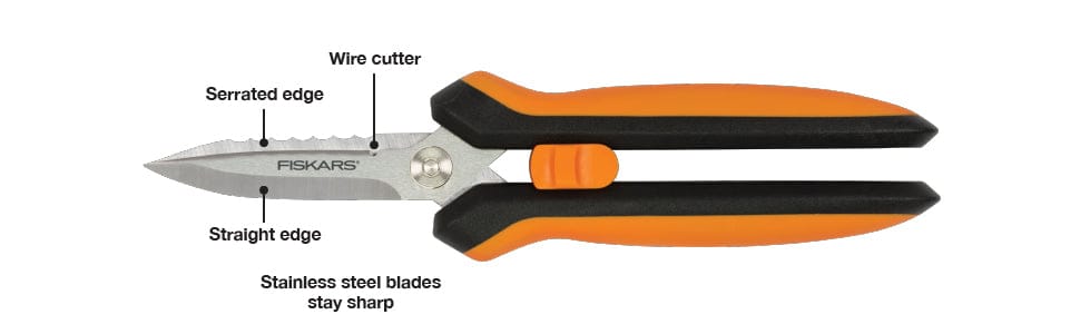 The FIS Fiskars Multipurpose Garden Snips feature an orange and black design, wire cutter, serrated and straight edges, plus durable stainless steel blades that stay sharp—an essential tool for every gardener.