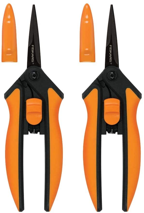 The FIS Fiskars Non-Stick Pruning Snips (2-pack) feature orange handles, black non-stick pointed blades with safety caps, and an ergonomic curved design that’s arthritis-friendly for comfortable pruning.
