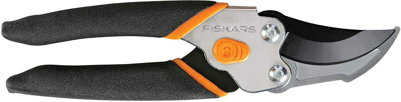 The FIS Fiskars Smooth Action Pruner features black handles, Softgrip touchpoints, orange accents, and a curved precision-ground steel blade—perfect for gardening and plant cutting.