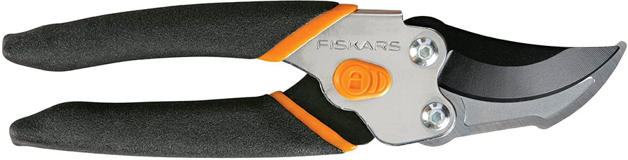 The FIS Fiskars Smooth Action Pruner features black handles, Softgrip touchpoints, orange accents, and a curved precision-ground steel blade—perfect for gardening and plant cutting.