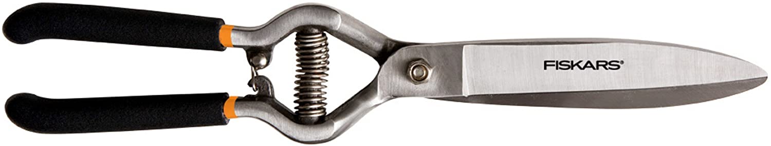 A pair of FIS Forged Grass Shears with black and orange handles, a metal spring, and shiny precision-ground steel blades for easy trimming.