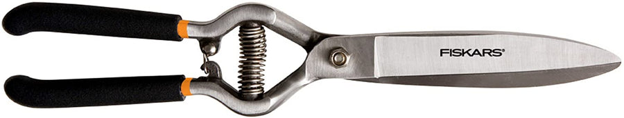 A pair of FIS Forged Grass Shears with black and orange handles, a metal spring, and shiny precision-ground steel blades for easy trimming.