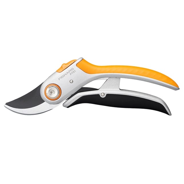 The FIS Plus Pruner is an orange and silver garden tool with a curved blade, ergonomic handle, and Power-Lever® technology for efficient cutting.