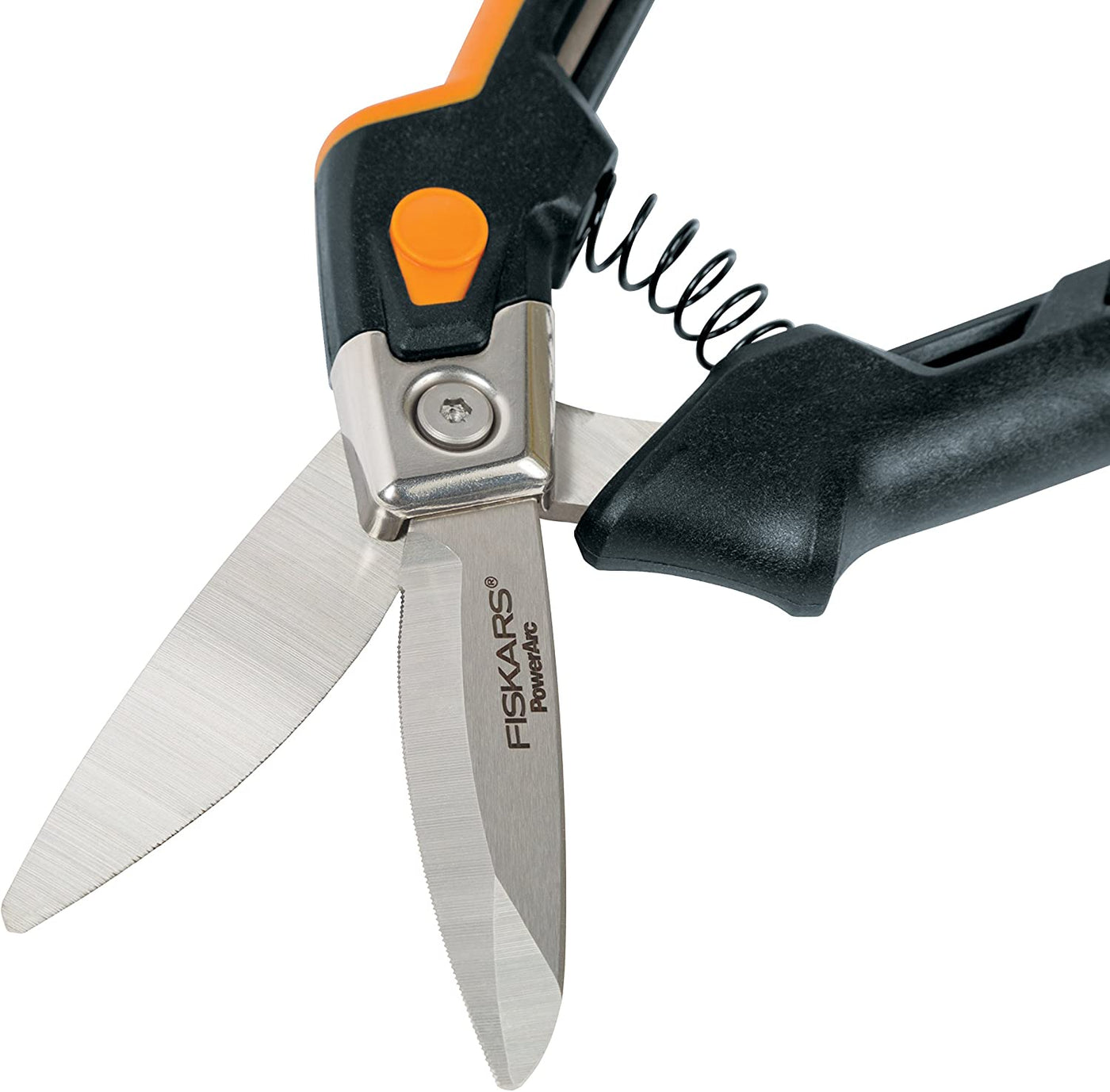 Close-up of the FIS PowerArc Utility Snips (8 Inch) with exposed stainless steel blades and a black handle. The shears feature an orange thumb lock and a spring mechanism between the handles.