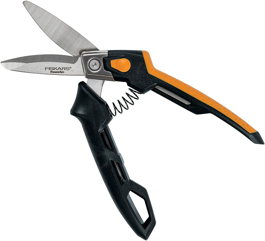 A pair of FIS PowerArc Utility Snips (8 Inch) with black and orange handles, featuring a spring mechanism and sharp stainless steel blades. These cutting tools are designed for precision and durability.