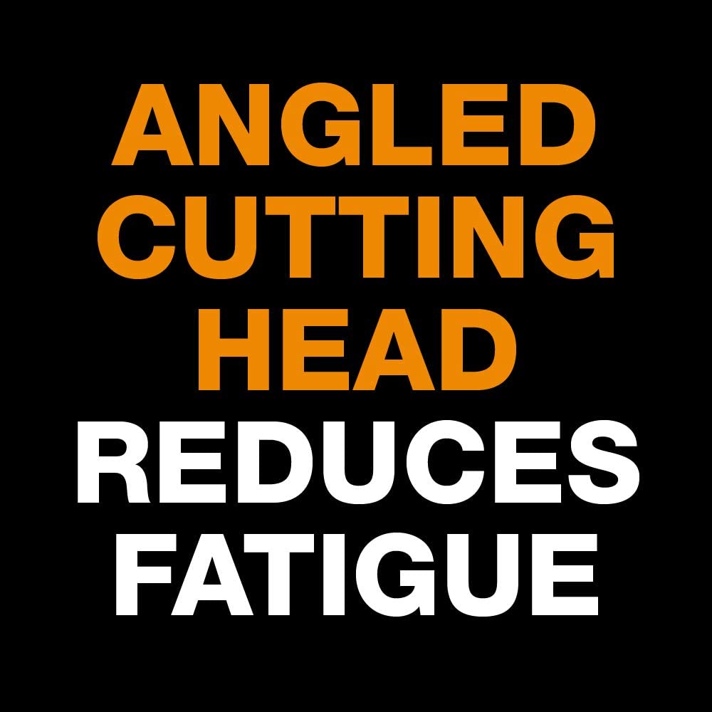 Text reads: Professional Bypass Pruner by FIS—angled cutting head reduces fatigue when cutting stems. ANGLED CUTTING HEAD in orange and REDUCES FATIGUE in white on a black background.