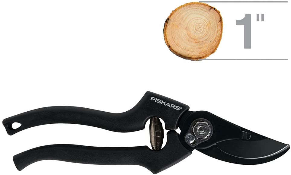 A pair of FIS Professional Bypass Pruners with an angled cutting head is shown beside a 1-inch branch cross-section, highlighting their precision for trimming stems.