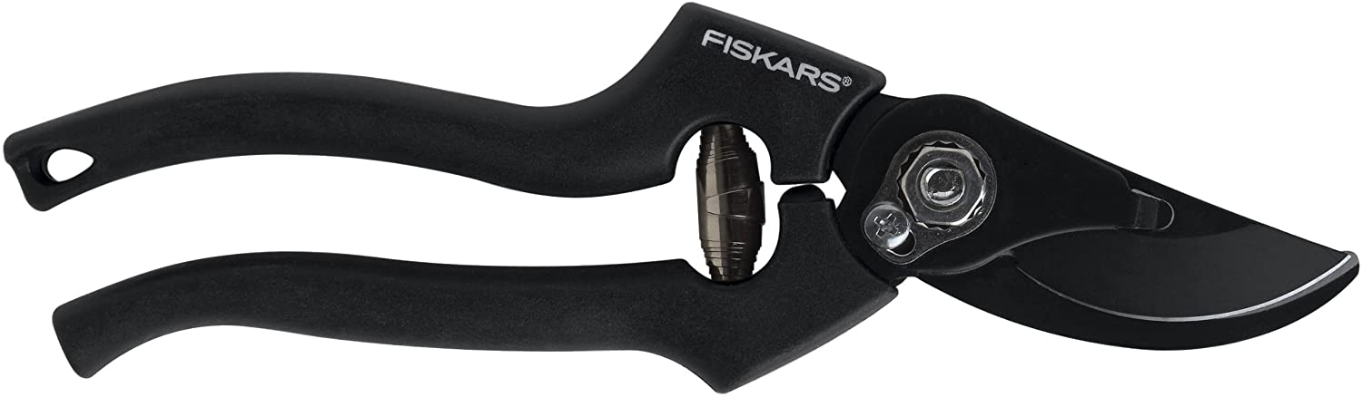The FIS Professional Bypass Pruner features a curved blade, ergonomic handle, and angled cutting head for adjustable tension when trimming stems. Shown in black against a white background.