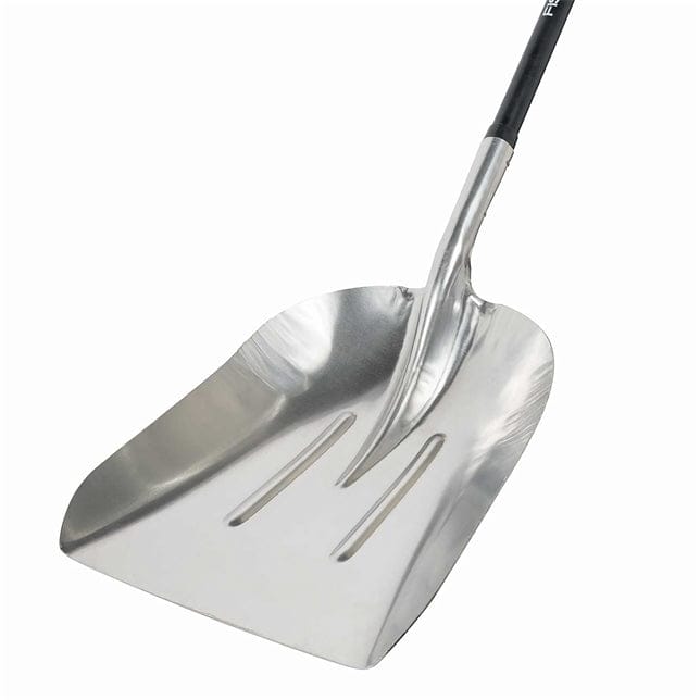 The FIS Scoop Shovel features a wide, flat aluminum head for efficient scooping and a sleek black fiberglass handle.