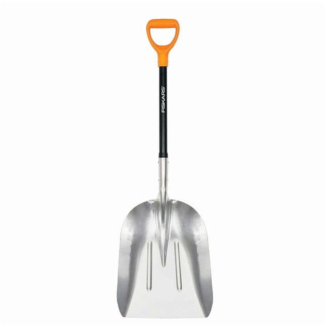 The FIS Scoop Shovel features an aluminum blade with a broad design and a sleek black fiberglass handle, complete with an orange D-grip.