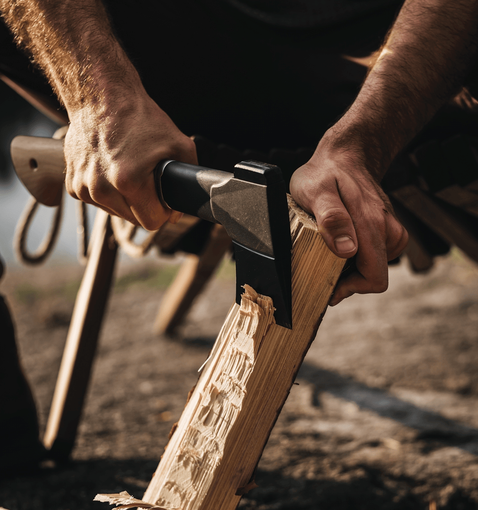 Using the Fiskars Norden N7 Hatchet by FIS, a person expertly chops wood outdoors, showcasing top-tier craftsmanship.