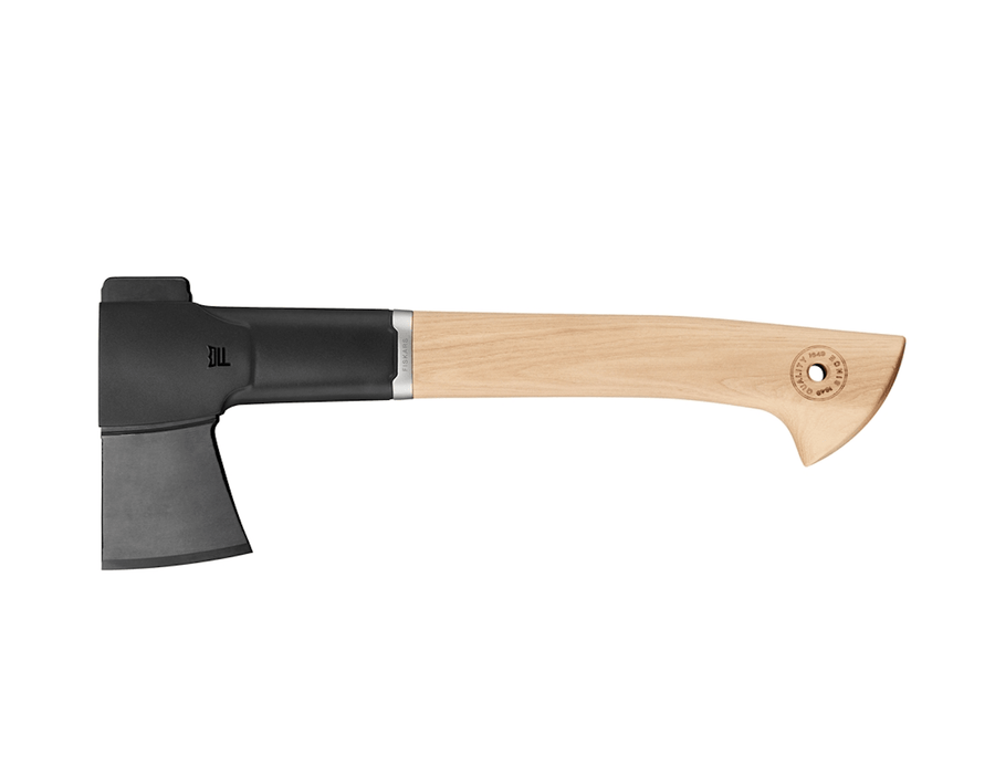 The Fiskars Norden N7 Hatchet by FIS showcases exquisite craftsmanship with a sleek black head and smooth wooden handle. Ideal for camping needs, it features a convenient hanging hole at the end.