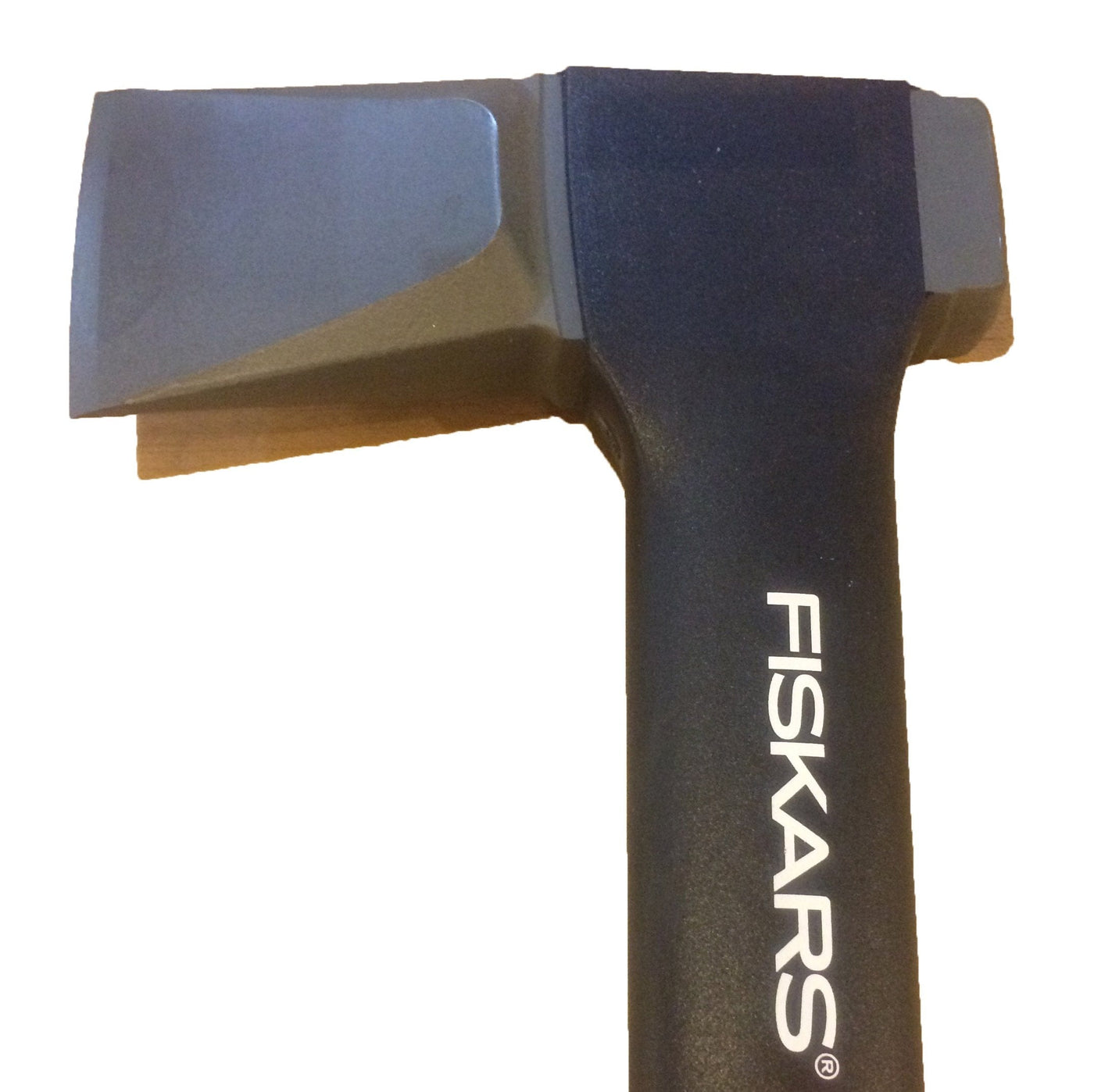 Close-up photo of a FIS Fiskars Splitting Axe 23-in Handle with a black handle and ultra-sharp edge, designed for effortless one-strike splits, shown against a white background.