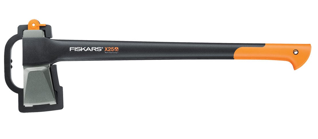 The FISKARS SPLITTING AXE 28-in by FIS has a black and orange handle, advanced blade geometry, and an ultra-sharp silver edge for precise cuts. Its rubberized grip enhances comfort and control, making it perfect for efficient wood splitting.