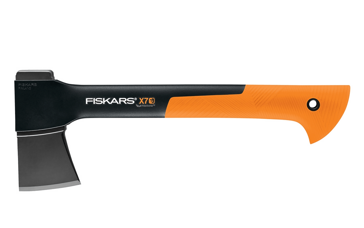 The FIS X7 Hatchet features an ultra-sharp edge and ergonomic handle in orange and black, ideal for efficient kindling chopping.
