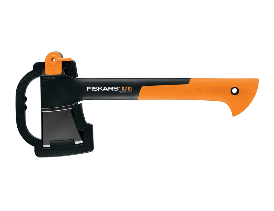 The FIS Fiskars X7 Hatchet features an ultra-sharp edge and includes an edge cover, making it ideal for chopping kindling. Available in orange and black.