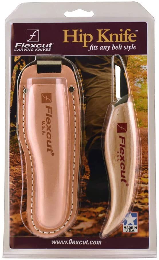 Retail package displays the FLE Hip Knife with an ergonomic ash handle and tan leather sheath. Features Flexcut branding, Made in the USA label, fits any belt style, and has an outdoor background scene.