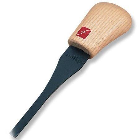 The FLE Flexcut #3 Palm Gouges features a wood handle and a short, wide metal blade designed for carving designs into linoleum blocks.
