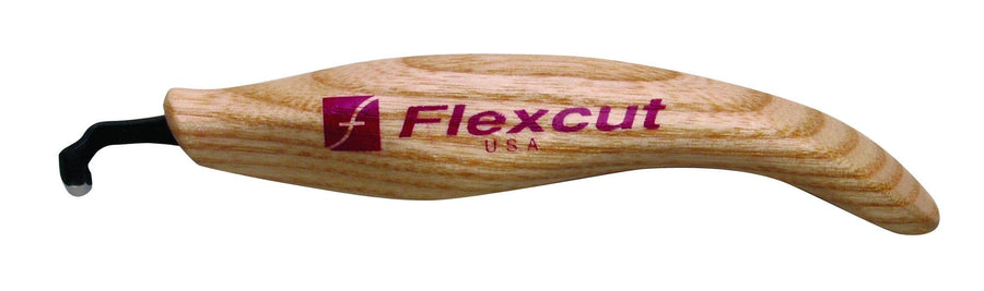 The FLE 70 Degree Left Handed Scorp features an ergonomic handle and a small hooked steel blade, perfect for detailed carving work.