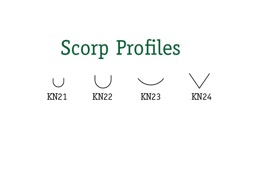The diagram labeled "Scorp Profiles" showcases four unique Flexcut scorp profile shapes—70 Degree Right Handed Scorp (KN21), KN22, KN23, and KN24. Each profile offers a distinct curvature and an ergonomic handle designed for comfortable use.