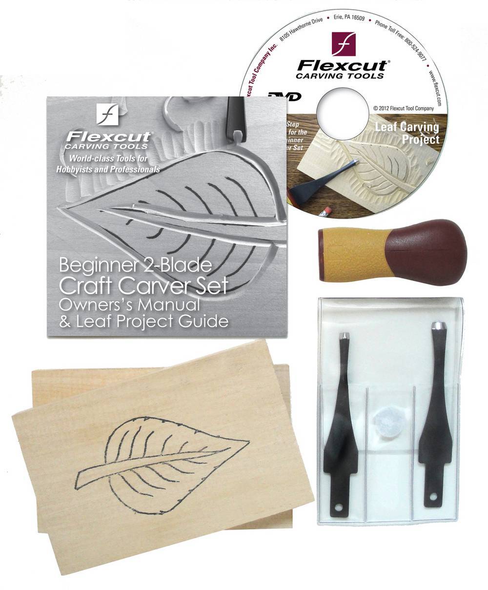 The FLE Beginner 2-Blade Craft Carver Set is ideal for new woodworkers. It features a manual, leaf project guide, wood handle, two carving blades, a pre-sketched wood piece with a leaf design, and an instructional CD, offering a comprehensive introduction to woodcarving.