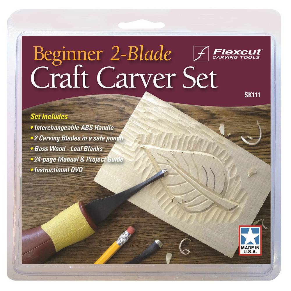The FLE Beginner 2-Blade Craft Carver Set features essential tools, two carving blades, a carved leaf design, basswood blanks, instructions, and a helpful DVD for your woodcarving project kit.
