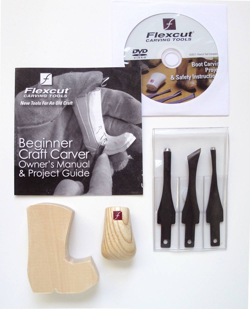 The FLE Beginner 3-Blade Craft Carver Set includes a DVD, beginner’s manual, three carving blades, a wooden handle, and a boot-shaped wood block—ideal for anyone starting out in woodcarving.