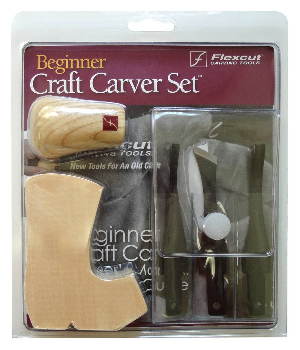 The FLE Beginner 3-Blade Craft Carver Set includes a wooden handle, 3 carving blades, a wood block, and an instruction booklet—all in a plastic display case.