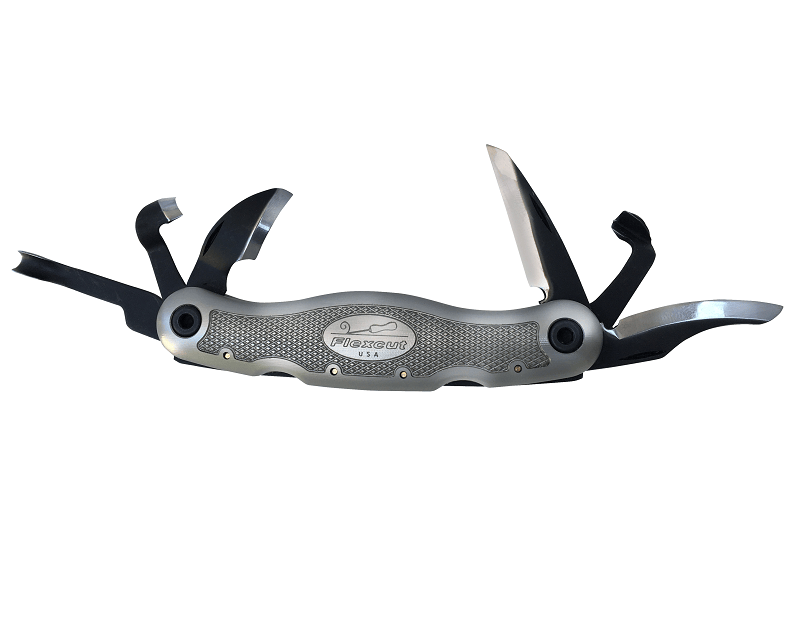The Carvin Jack 2.0 by FLE is a folding multi-tool pocket knife with various blades and tools, featuring a textured metallic handle, perfect for woodcarvers needing precision on the go.