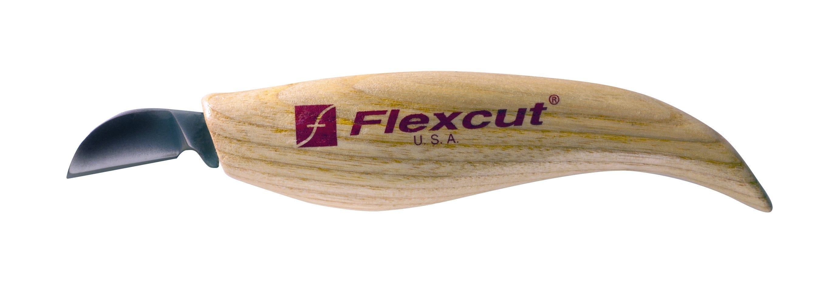 The Chip Carving Knife by FLE boasts a curved blade and an ergonomic American Ash handle.