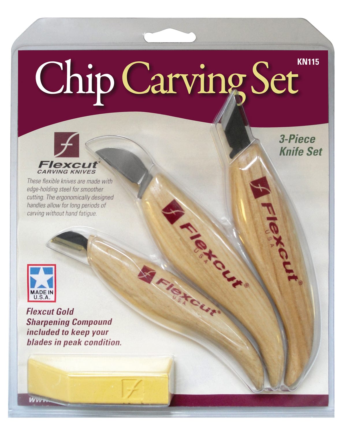 A FLE Chip Carving Set in packaging, featuring three wooden-handled carving knives and yellow polishing compound, labeled as a 3-piece set with product details and the FLE logo printed on the box.