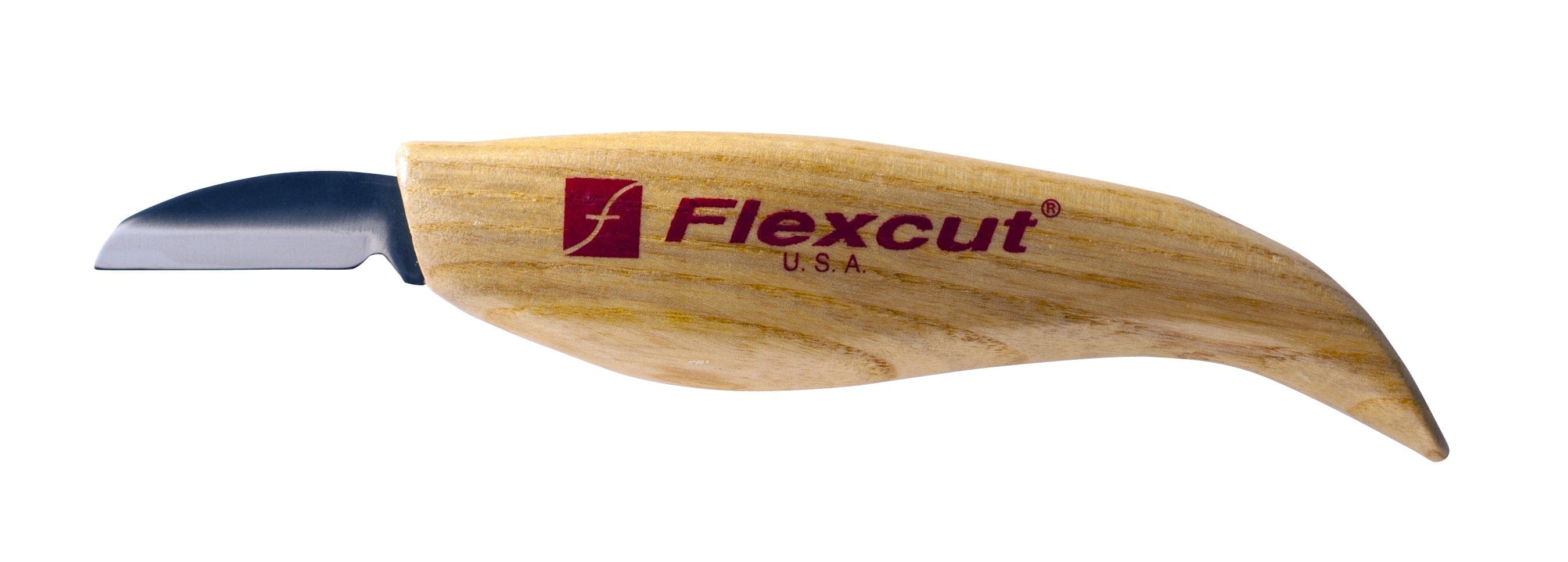 Description: The FLE Cutting Knife features a curved wooden handle that is ergonomically designed for comfort and a short, curved blade made of edge-holding steel, proudly branded "FLE U.S.A.".