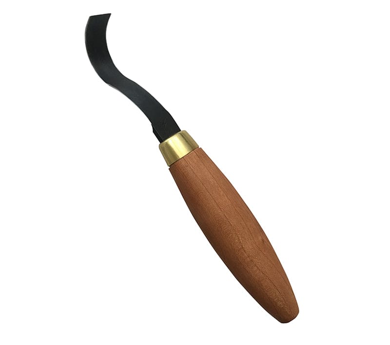 FLE's Sloyd Hook Knife features a cherry hardwood handle and a high-carbon steel black blade for precise cutting.
