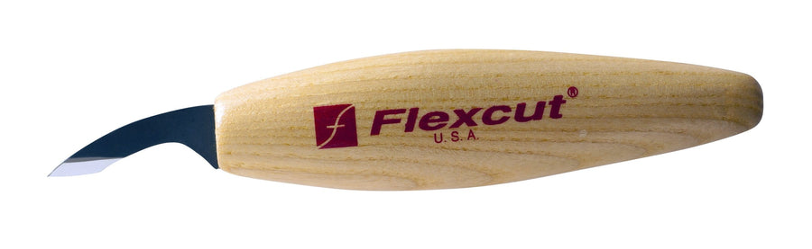 A Fine Detail Knife from FLE with a curved blade and an ergonomic American Ash handle featuring the Flexcut logo.