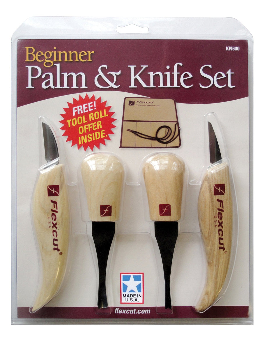The FLE Flexcut Beginner Palm & Knife Set includes four wood-handled palm tools with metal blades in packaging, plus a free tool roll offer inside—ideal woodcarving tools for beginners.