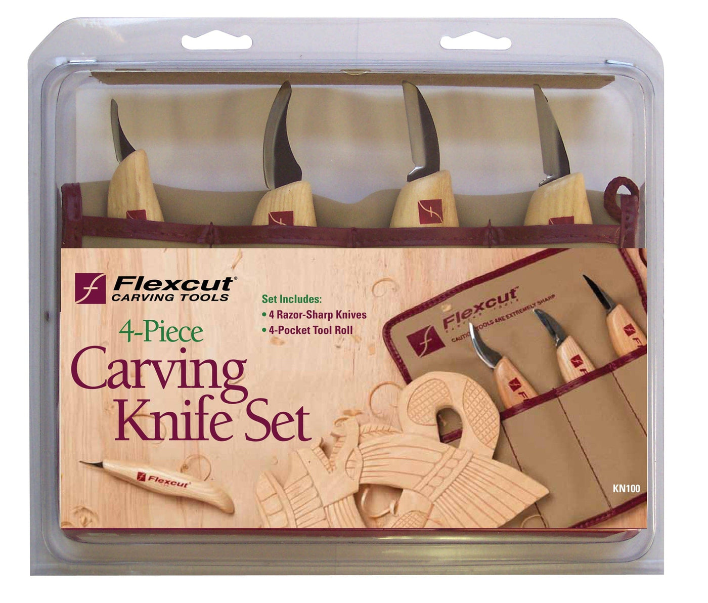 The Flexcut Carving Knife Set 4-Piece by FLE features four razor-sharp knives with ergonomic handles, all neatly packaged in a protective tool roll.