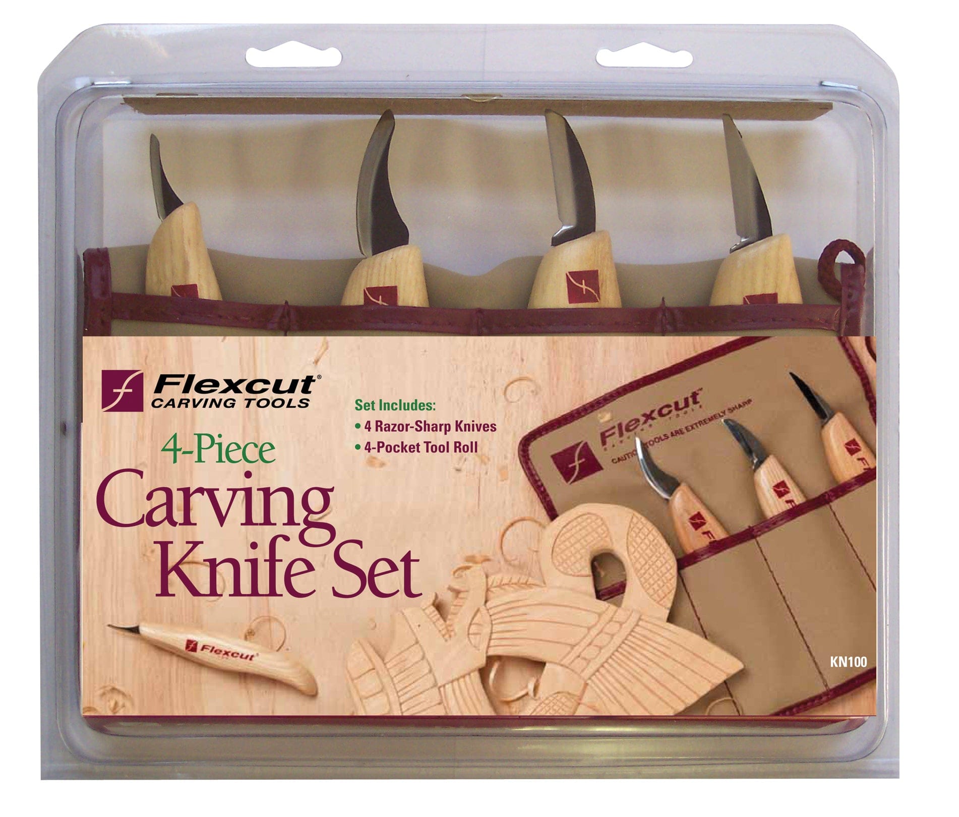 The Flexcut Carving Knife Set 4-Piece by FLE features four razor-sharp knives with ergonomic handles, all neatly packaged in a protective tool roll.