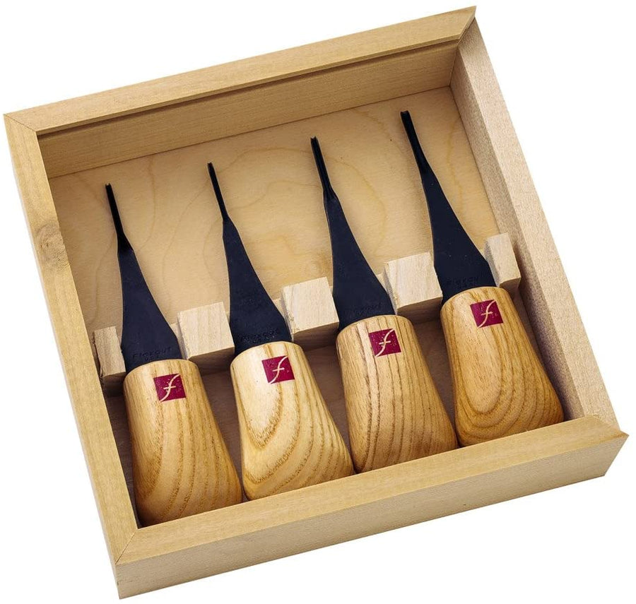The Flexcut Micro Palm Set by FLE is a wooden box of four wood carving tools with ergonomic handles and black high carbon steel blades, each handle featuring a red square logo. Perfect for detailed or miniature carving work.