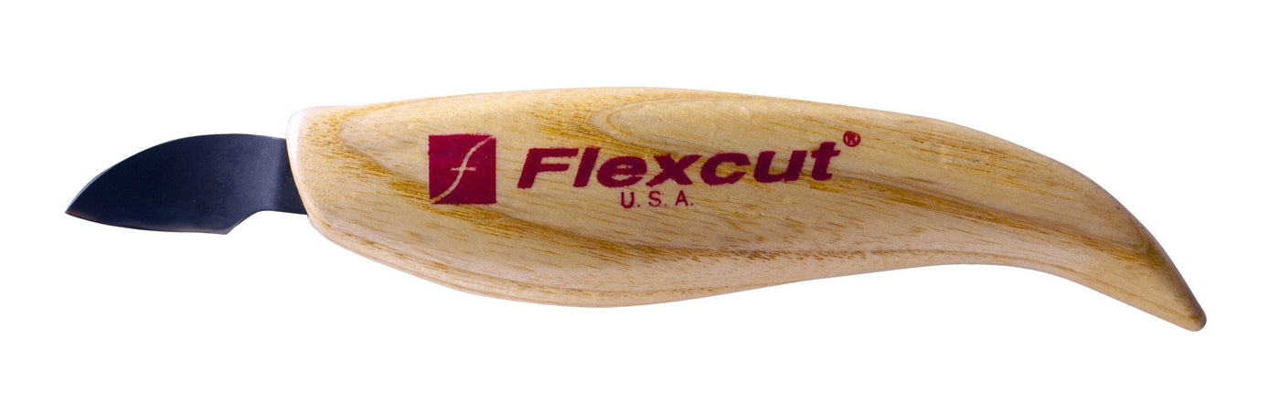 A Hook Knife Handed by FLE, featuring an ergonomic, curved wooden handle and a short, black blade made of edge-holding steel. The handle is branded with the "FLE" logo in red.