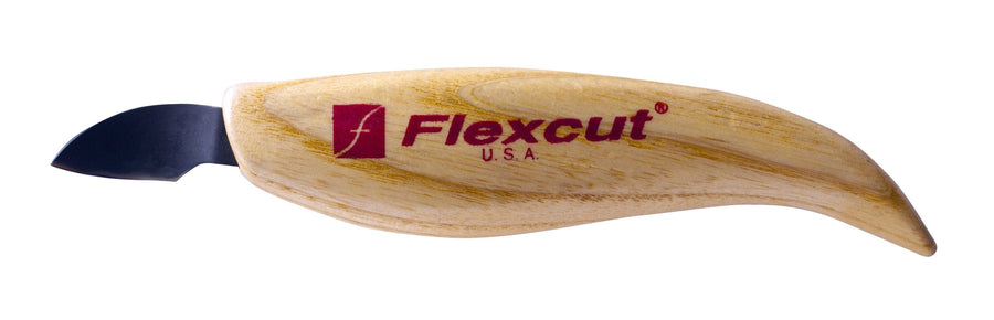 A Hook Knife Handed by FLE, featuring an ergonomic, curved wooden handle and a short, black blade made of edge-holding steel. The handle is branded with the "FLE" logo in red.