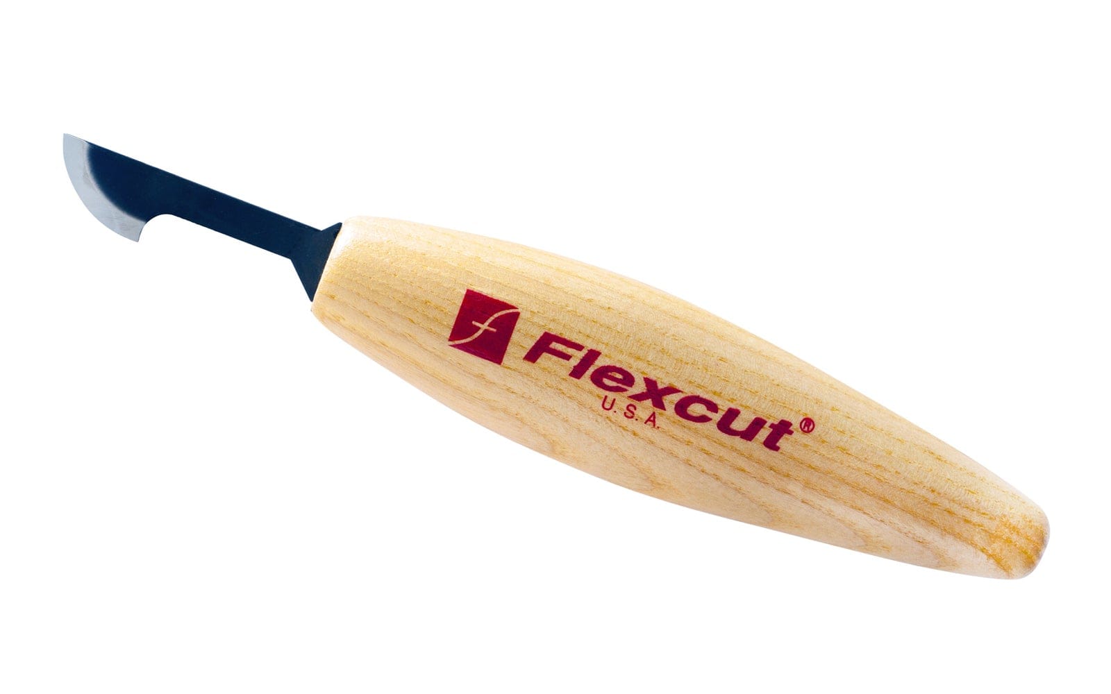 The FLE Hooked Skew Knife features a curved steel blade and light wooden handle, ideal for v-cuts and waterfowl carving, with the FLE logo and U.S.A. printed in red.