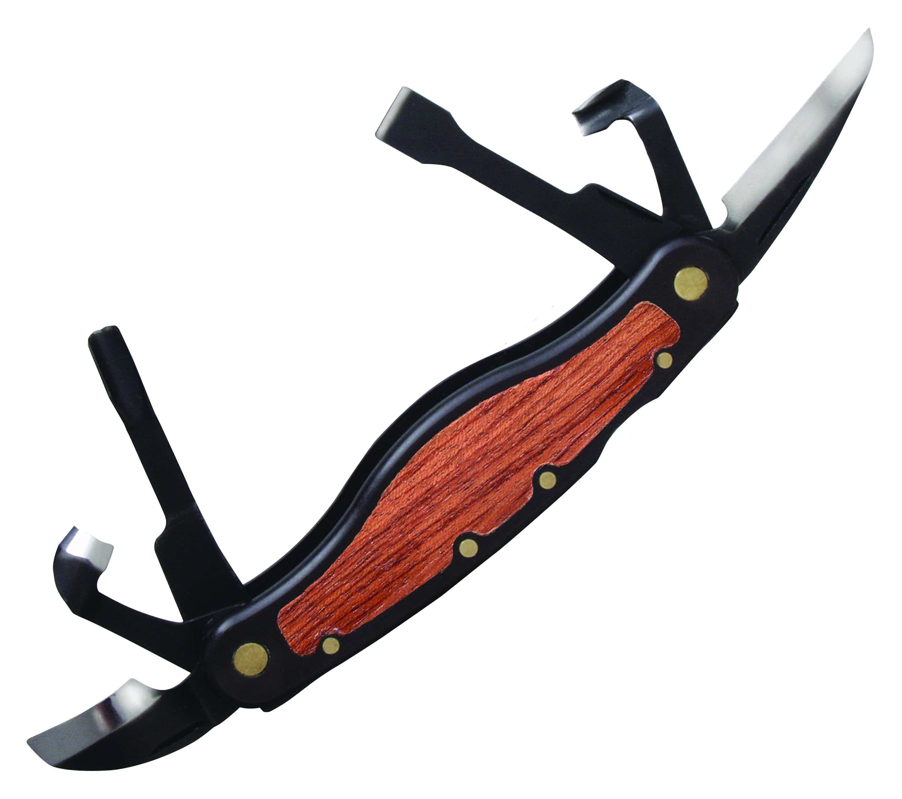 The FLE Carvin Jack woodcarving multi-tool, with a wooden handle and multiple fold-out blades and prying tools, is shown against a white background.