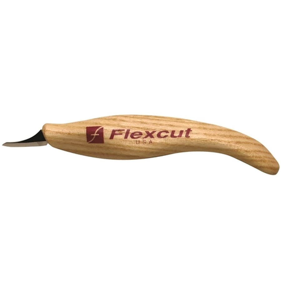 The FLE Mini-Pelican Knife features a curved wooden handle, ultra-thin blade, and small pointed black tip, making it ideal for fine wood carving cuts.