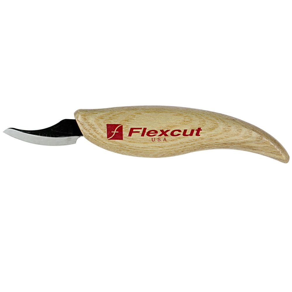 The FLE Pelican Knife features a curved blade and an ergonomic wooden handle with the red FLE logo and USA printed on it, ideal for precise wood carving.