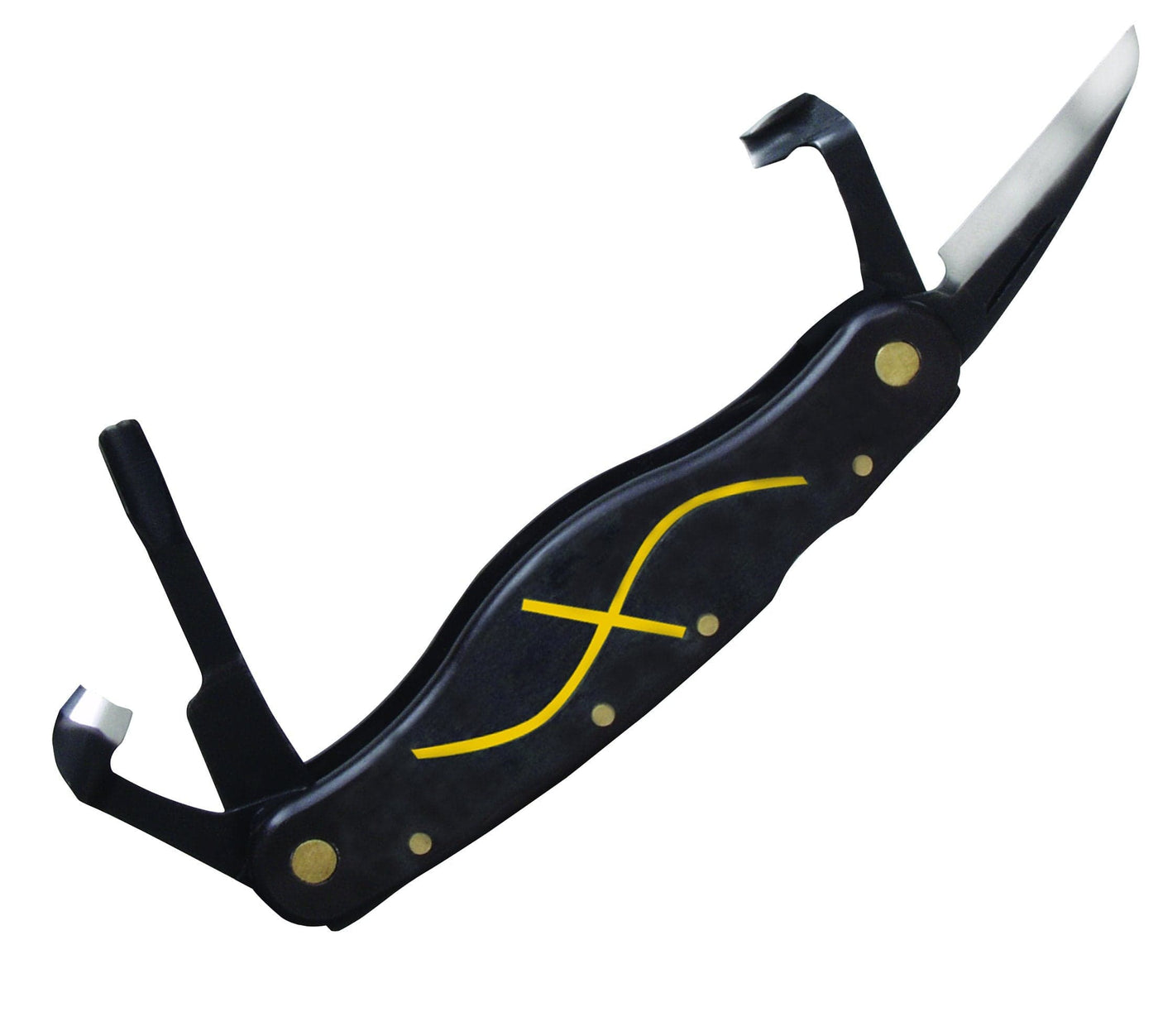 The Pocket Jack by FLE is a black multi-tool that comes equipped with several attachments, such as a carving knife, bottle opener, and screwdriver. It is designed with a yellow decorative line and brass rivets on the handle, making it ideal for woodcarving enthusiasts.