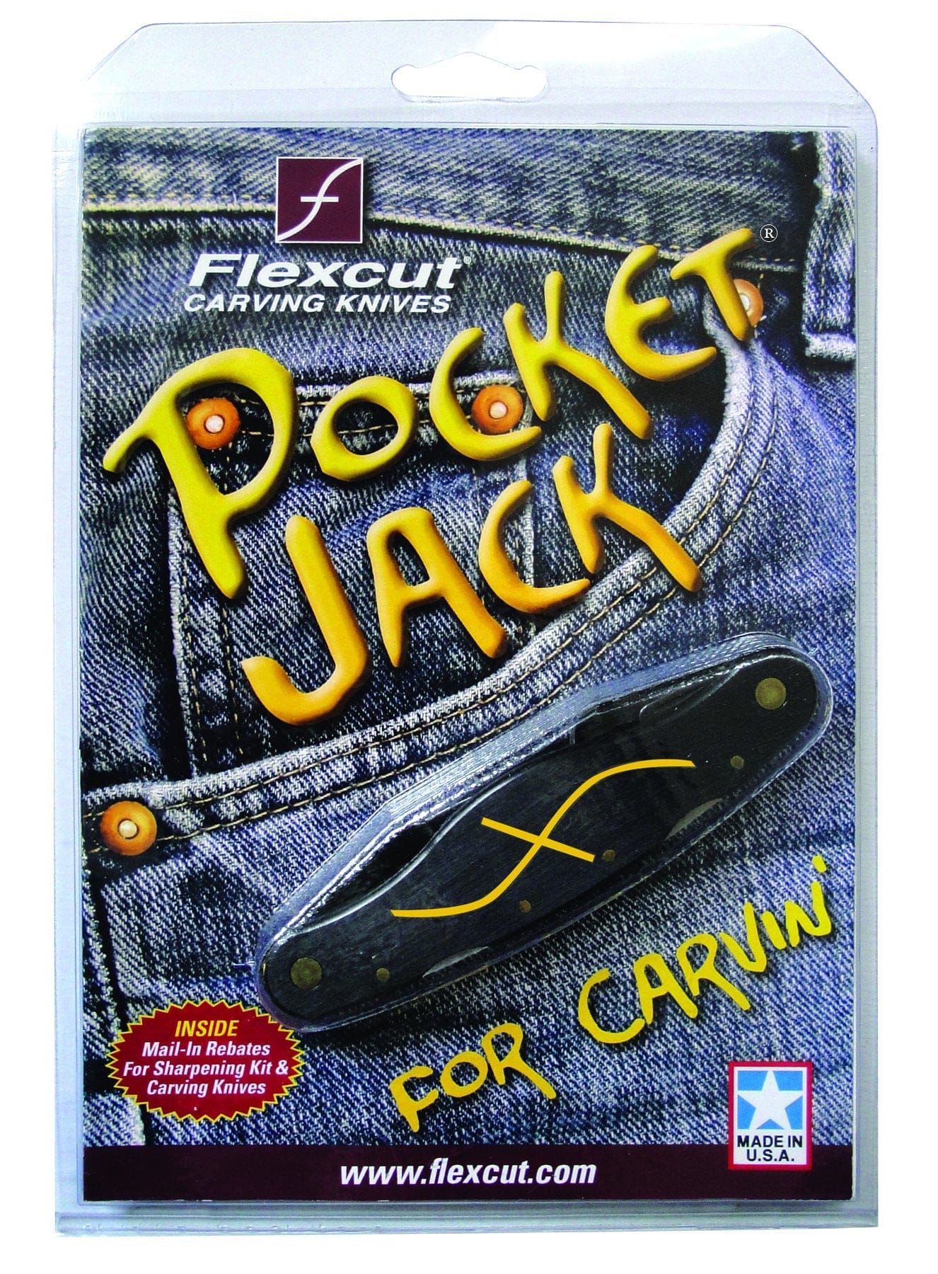 A package of the FLE Pocket Jack woodcarving multi-tool displayed against a denim background. The packaging emphasizes the carving knife's capabilities and features the text "For Carvin'.