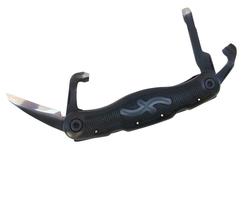 A black woodcarving multi-tool with three folding tools—a curved blade and two hook-like implements—extends from its wavy textured handle, ideal for detail work like the Pocket Jack 2.0 by FLE.