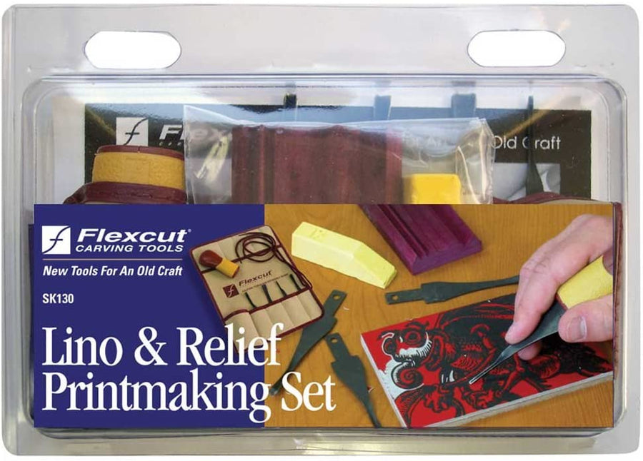 The Printmaking Set Lino & Relief by FLE includes carbon steel blade gouges and tools. A red linocut is shown in progress, with various printmaking materials organized inside a clear plastic case, highlighting the precision and artistry that the set offers.