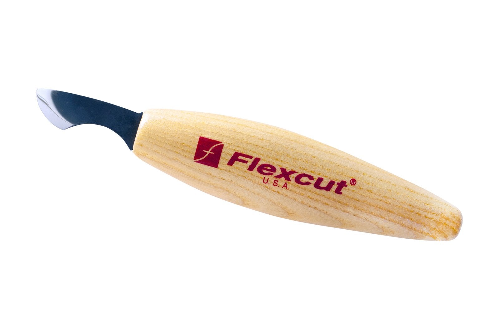 The FLE Radius Knife features a curved bevel metal blade and a smooth, light wood handle with the FLE logo—perfect for clean push cuts in detailed carving work.